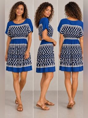 BCBGMaxAzria Fit & Flare Sapphire Blue and White Geometric Printed Midi Dress